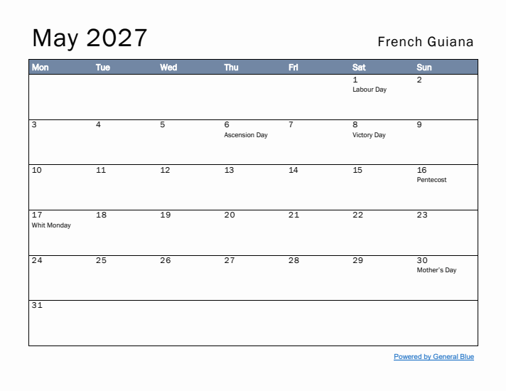 May 2027 Simple Monthly Calendar for French Guiana