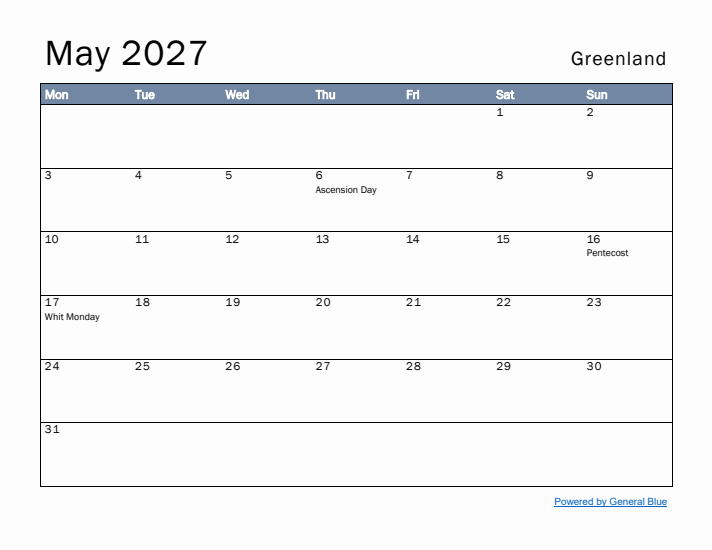 May 2027 Simple Monthly Calendar for Greenland