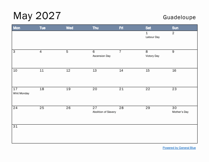 May 2027 Simple Monthly Calendar for Guadeloupe