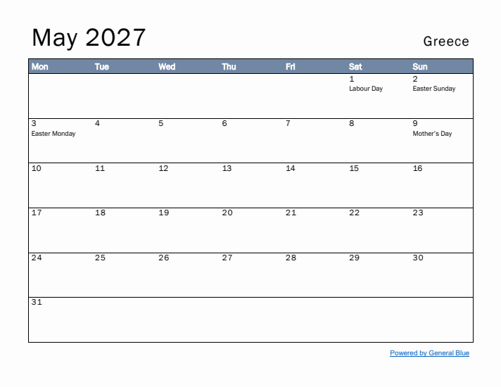 May 2027 Simple Monthly Calendar for Greece