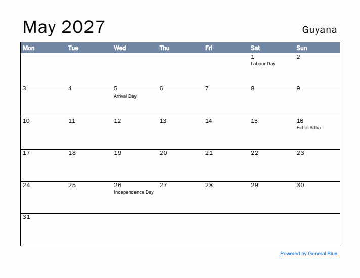 May 2027 Simple Monthly Calendar for Guyana