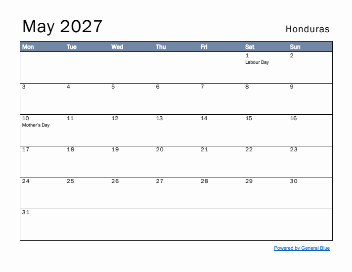 May 2027 Simple Monthly Calendar for Honduras