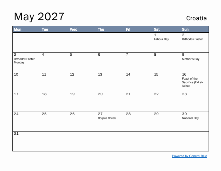 May 2027 Simple Monthly Calendar for Croatia