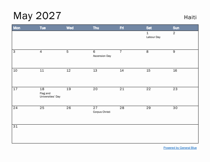 May 2027 Simple Monthly Calendar for Haiti