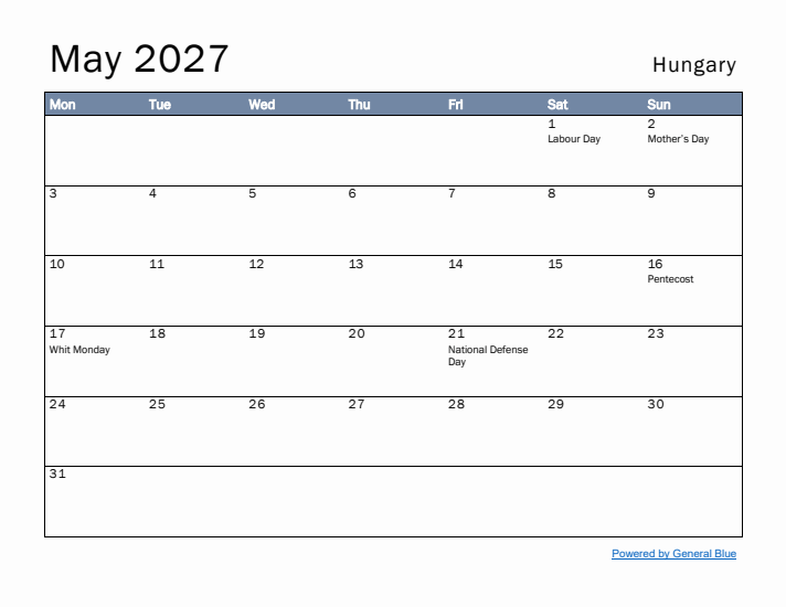 May 2027 Simple Monthly Calendar for Hungary