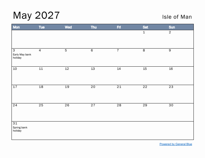 May 2027 Simple Monthly Calendar for Isle of Man