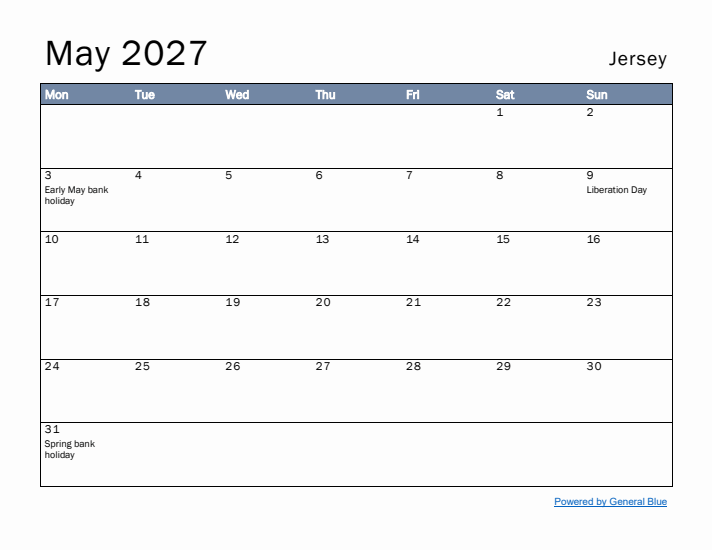 May 2027 Simple Monthly Calendar for Jersey