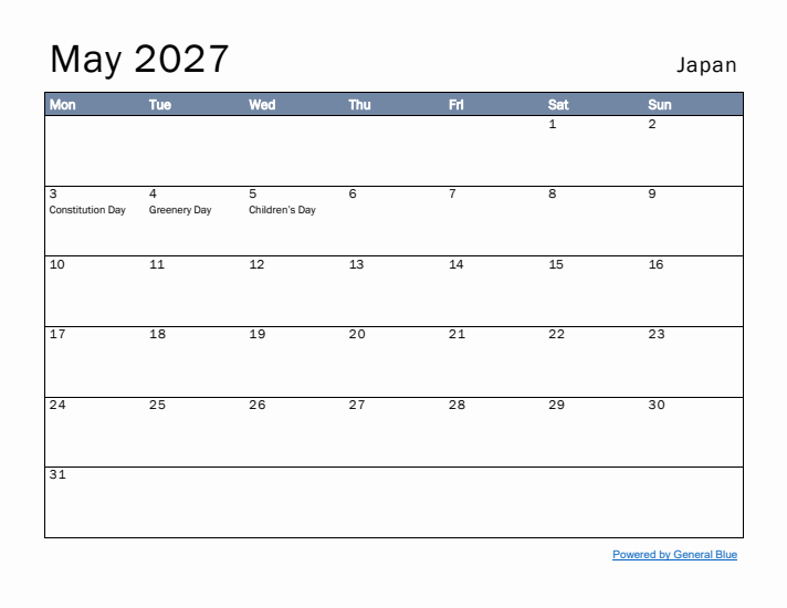 May 2027 Simple Monthly Calendar for Japan