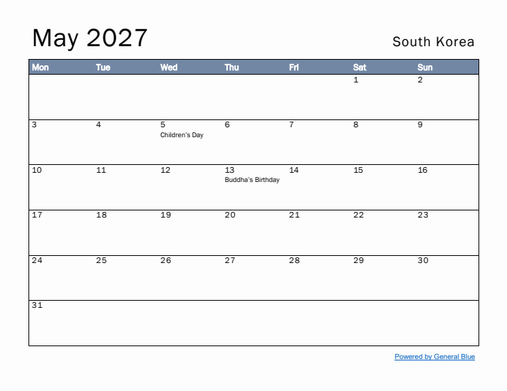 May 2027 Simple Monthly Calendar for South Korea