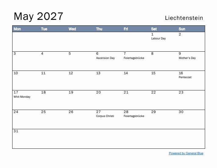 May 2027 Simple Monthly Calendar for Liechtenstein