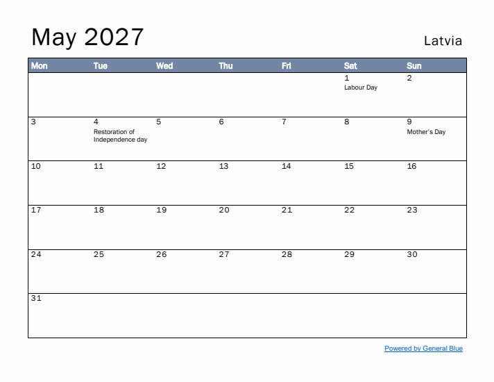 May 2027 Simple Monthly Calendar for Latvia