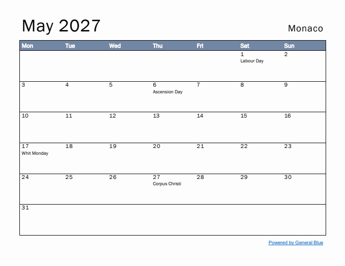 May 2027 Simple Monthly Calendar for Monaco