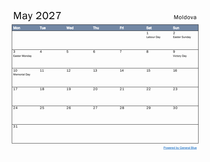 May 2027 Simple Monthly Calendar for Moldova