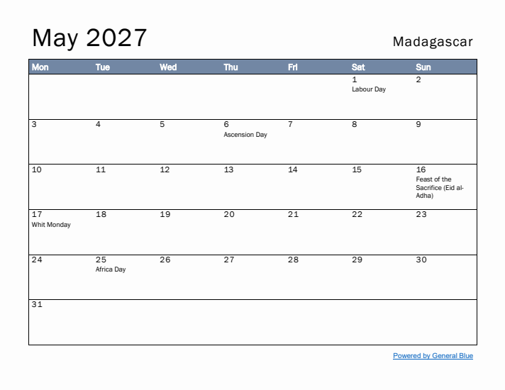 May 2027 Simple Monthly Calendar for Madagascar