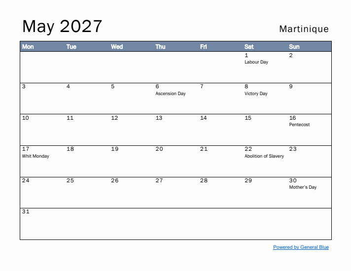 May 2027 Simple Monthly Calendar for Martinique