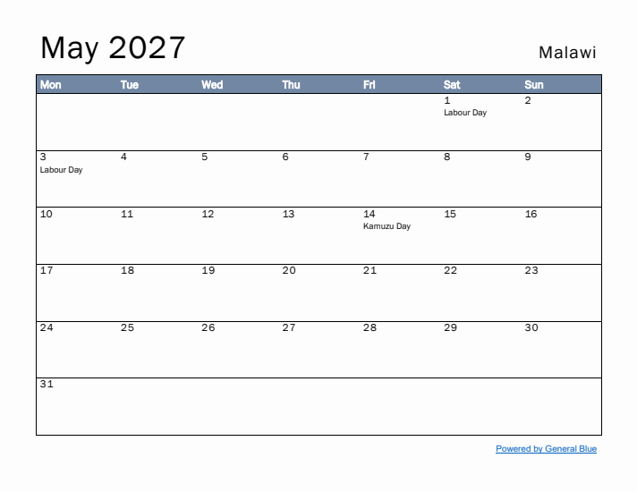 May 2027 Simple Monthly Calendar for Malawi