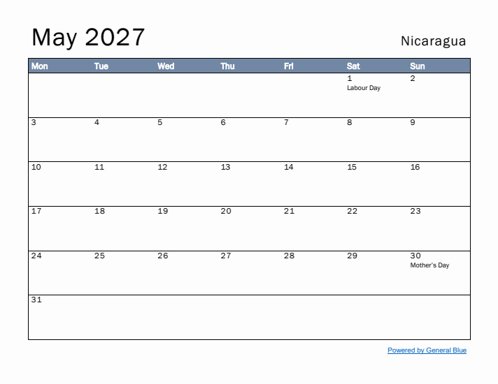 May 2027 Simple Monthly Calendar for Nicaragua