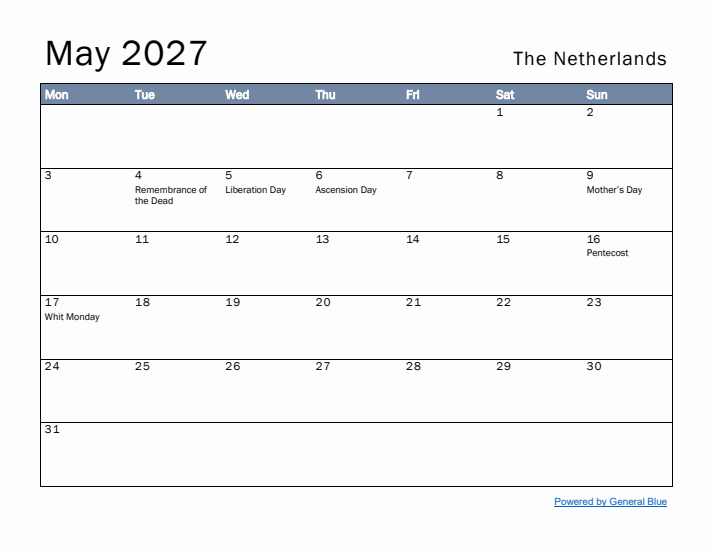 May 2027 Simple Monthly Calendar for The Netherlands