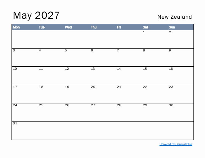 May 2027 Simple Monthly Calendar for New Zealand