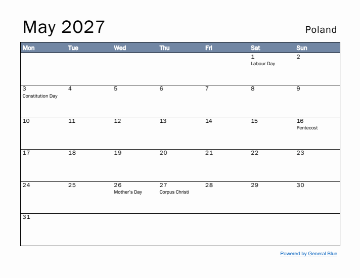 May 2027 Simple Monthly Calendar for Poland