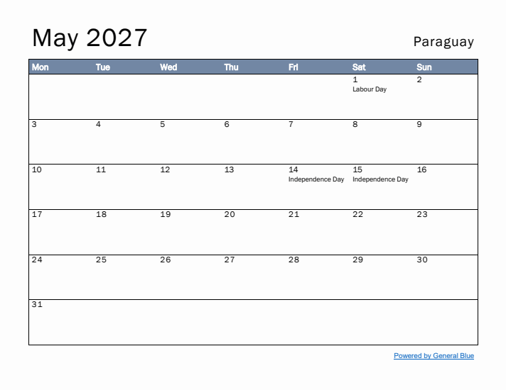 May 2027 Simple Monthly Calendar for Paraguay