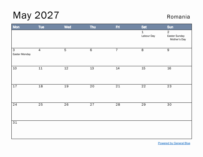 May 2027 Simple Monthly Calendar for Romania