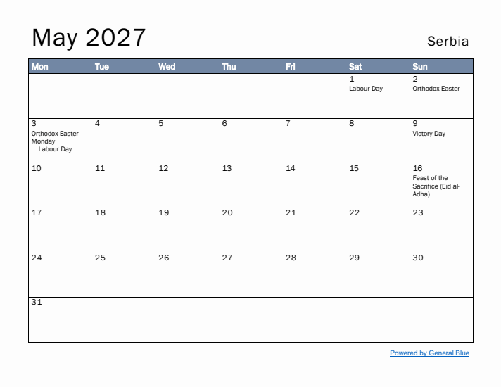 May 2027 Simple Monthly Calendar for Serbia