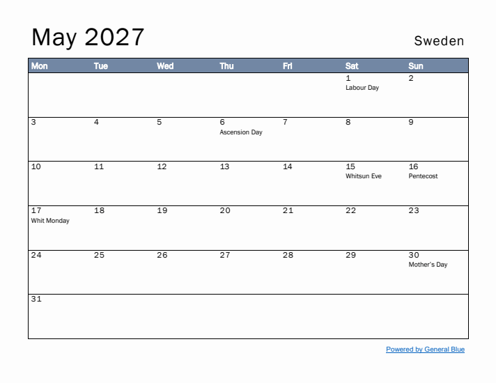 May 2027 Simple Monthly Calendar for Sweden