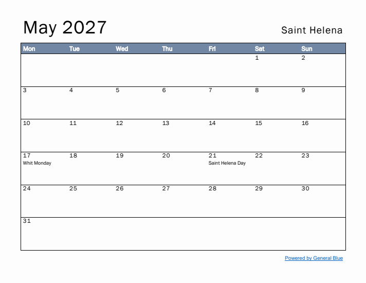 May 2027 Simple Monthly Calendar for Saint Helena