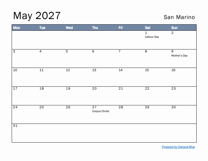 May 2027 Simple Monthly Calendar for San Marino