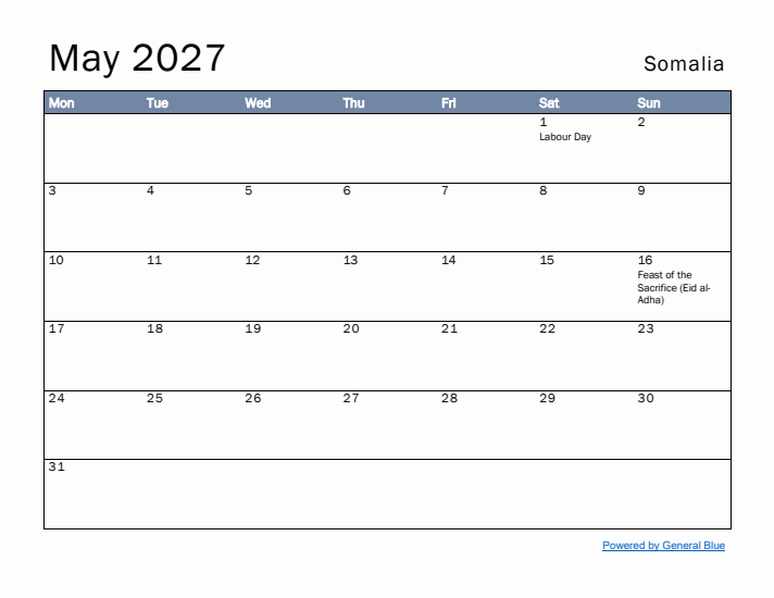 May 2027 Simple Monthly Calendar for Somalia