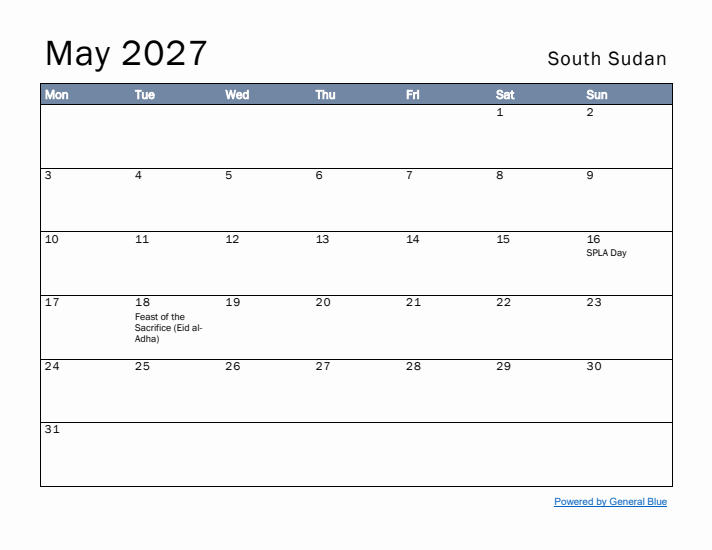 May 2027 Simple Monthly Calendar for South Sudan