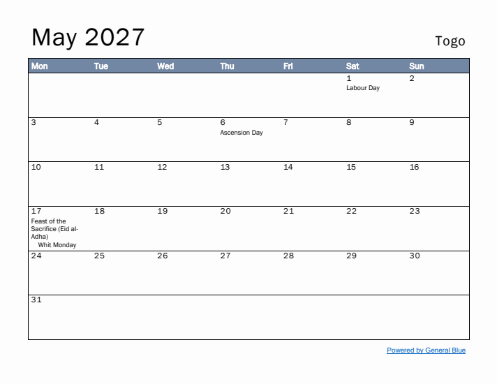 May 2027 Simple Monthly Calendar for Togo