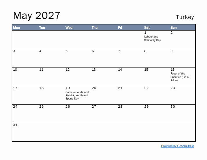 May 2027 Simple Monthly Calendar for Turkey