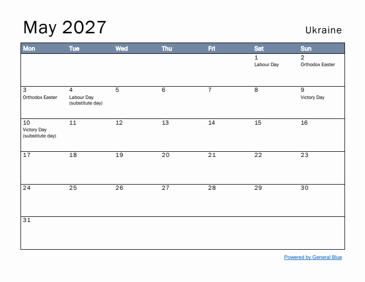 May 2027 Simple Monthly Calendar for Ukraine