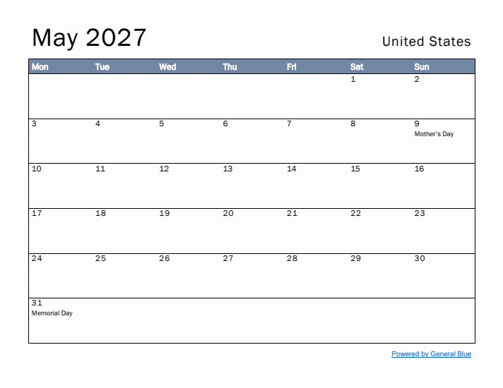 May 2027 Simple Monthly Calendar for United States