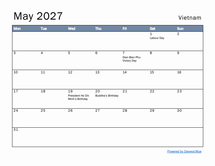 May 2027 Simple Monthly Calendar for Vietnam