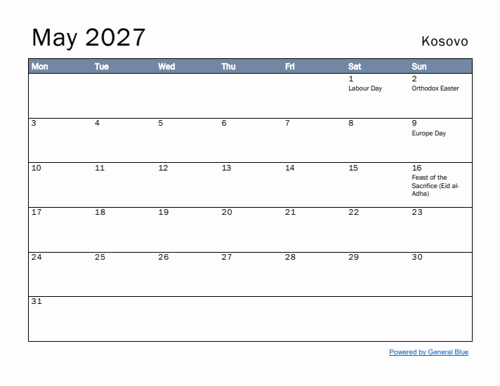 May 2027 Simple Monthly Calendar for Kosovo