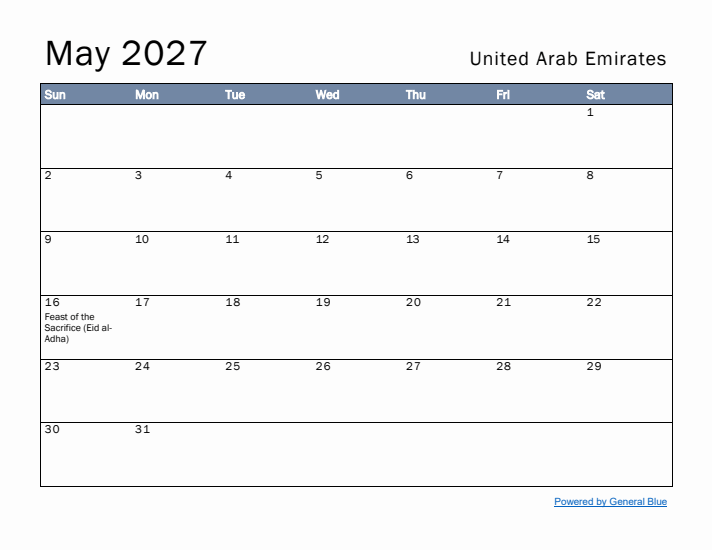 May 2027 Simple Monthly Calendar for United Arab Emirates