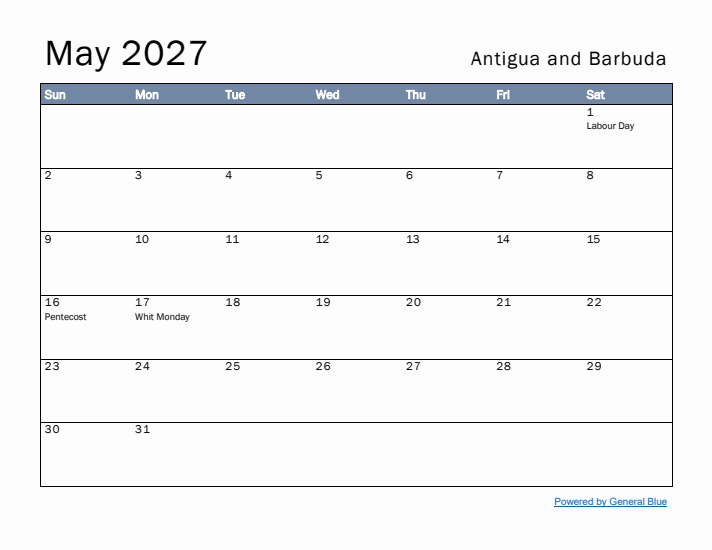 May 2027 Simple Monthly Calendar for Antigua and Barbuda