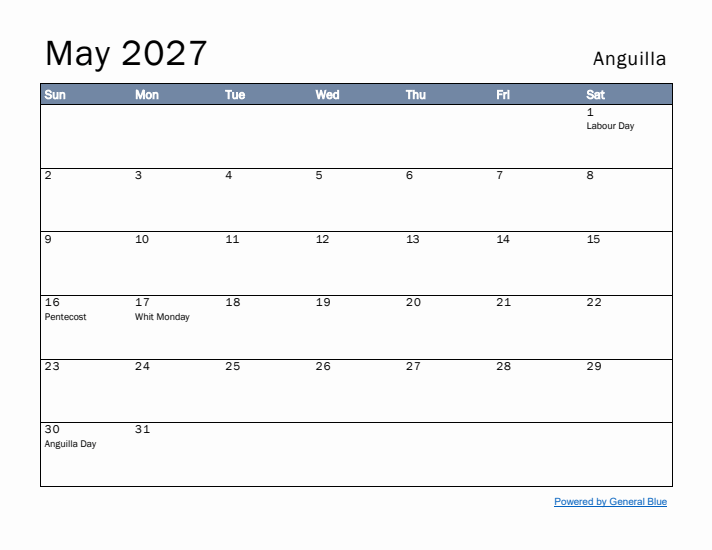 May 2027 Simple Monthly Calendar for Anguilla