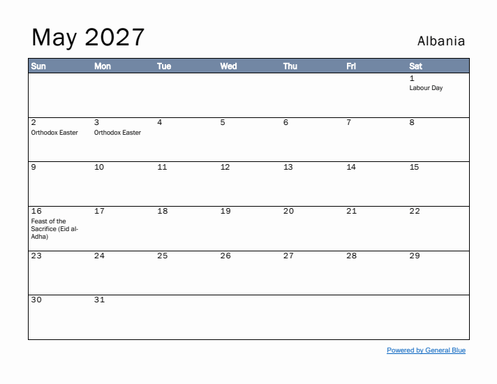 May 2027 Simple Monthly Calendar for Albania