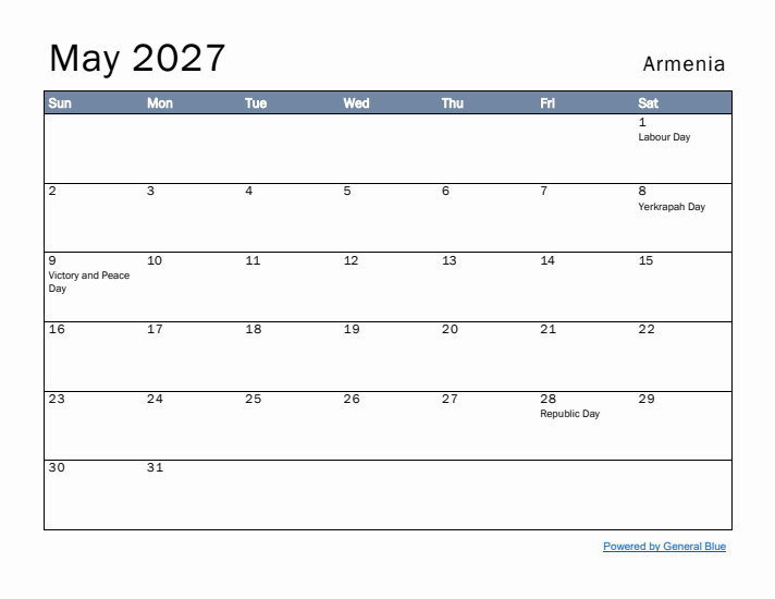 May 2027 Simple Monthly Calendar for Armenia