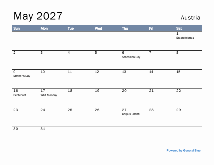 May 2027 Simple Monthly Calendar for Austria