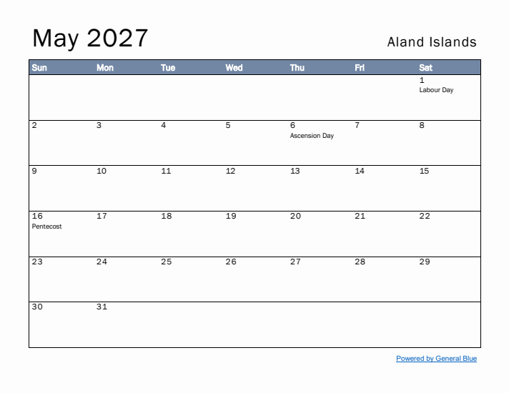 May 2027 Simple Monthly Calendar for Aland Islands