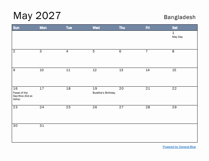 May 2027 Simple Monthly Calendar for Bangladesh