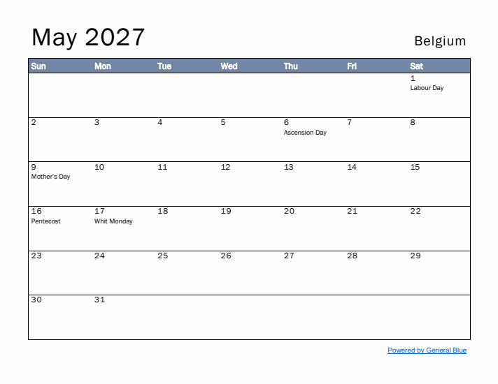 May 2027 Simple Monthly Calendar for Belgium