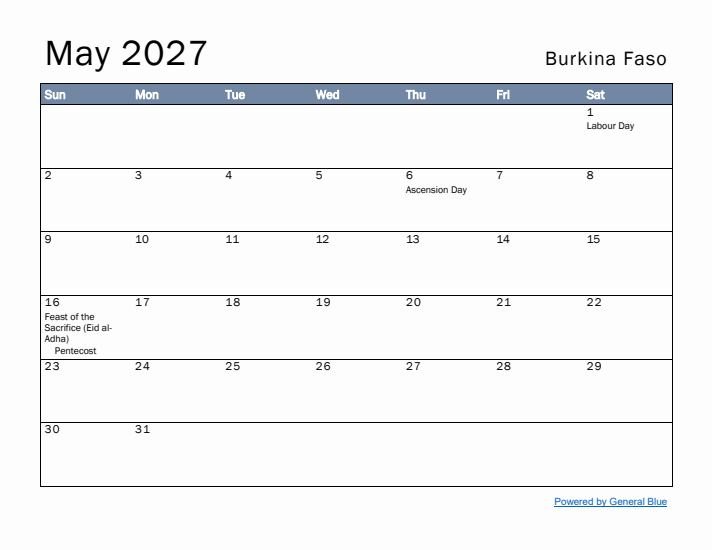 May 2027 Simple Monthly Calendar for Burkina Faso