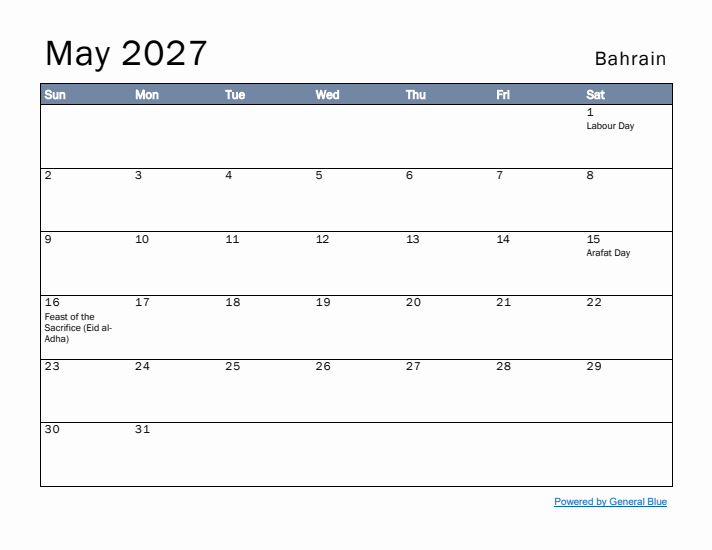 May 2027 Simple Monthly Calendar for Bahrain