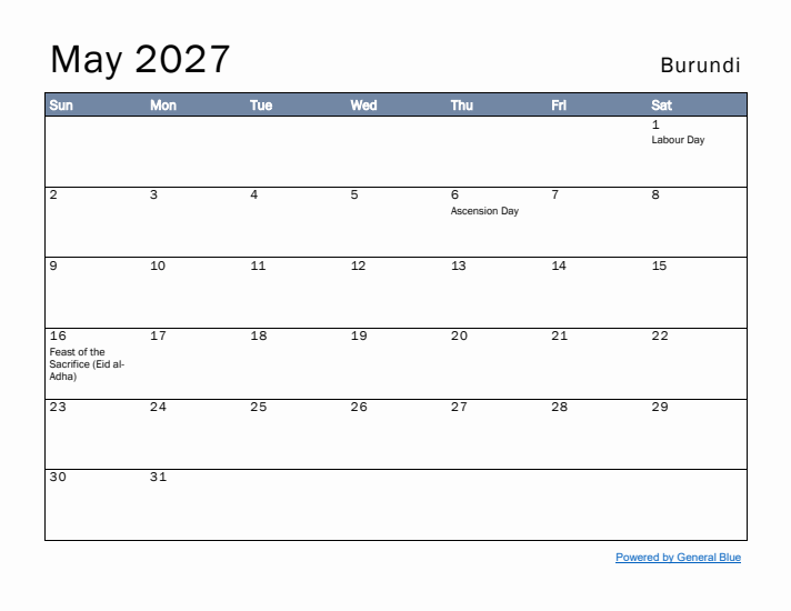 May 2027 Simple Monthly Calendar for Burundi